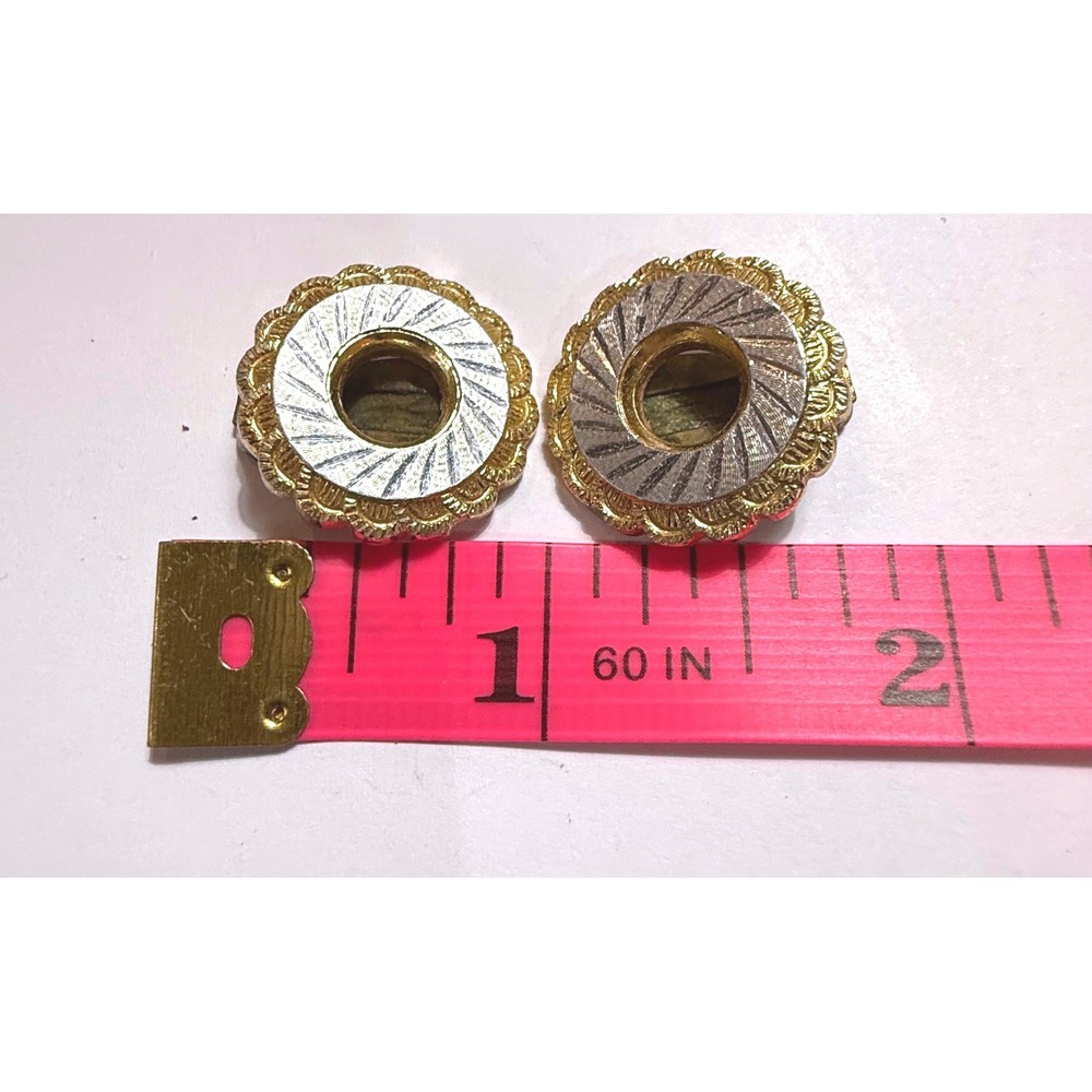 Vintage Germany Two Tone Gold Silver Sunburst Scalloped Clip On Earrings Round